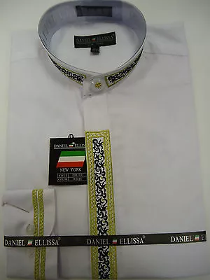 Mens Elegant Nehru Banded Collar Dress Shirt White W/ Gold Black Thread DS3111C • $48.50