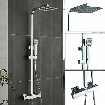 Bathroom Thermostatic Exposed Shower Mixer Twin Head Large Square Bar Set Chrome • £59.50