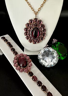 Vintage Old Purple Cabochon Large Pendant Necklace Bracelet Set Statement • $124.95