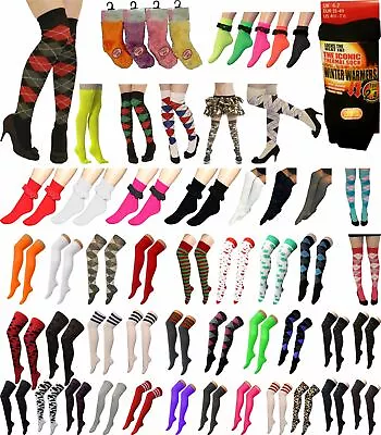 Ladies Girls OTK Socks Knee High Plain Lycra Referee Ankle Lace Stripes Socks UK • $4.66