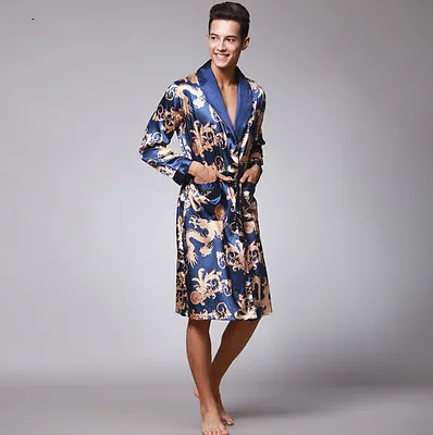 Mens Chinese Japanese Oriental Gold Dragons Blue Bathrobe Dressing Gown • $27.12