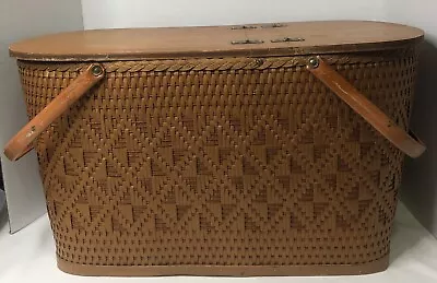 Vintage Redmon Picnic Basket W Double Metal Handles Riser Woven Wicker • $45.99