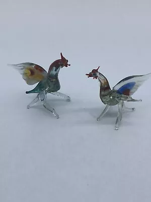 A Pair Of  VINTAGE MURANO HAND BLOWN GLASS ROOSTERS • $44
