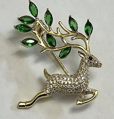 Deer Crystal Rhinestone Brooch Pin Glass Green Leaf Gold Tone Vintage Christmas • $15.99