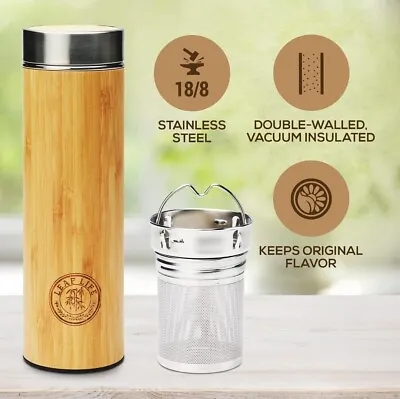 Leaf Life Premium 22 Oz Bamboo Tumbler Thermos With Tea Infuser/ Strainer NEW • $42.75