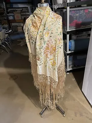 Vintage Silk Embroidered Piano Fringe Scarf • $328