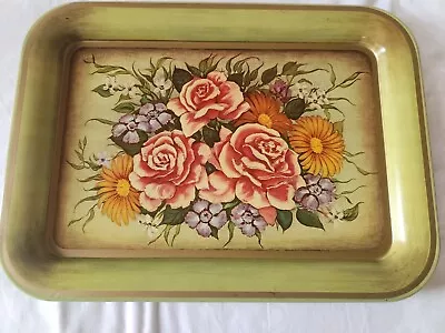 Vintage 5 METAL TRAYS Green Floral FLOWERS 17.5”x13” Breakfast LAP SERVING Tray • $24.95