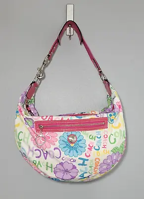 Vintage Coach Y2K Graffiti Logo Daisy Floral Pink Multicolor Hobo Shoulder Bag • $78