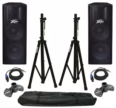 (2) Peavey Pv215 Pro DJ Dual 15  Passive 1400W Speaker W/ Tripod Stands & Cables • $1122.89