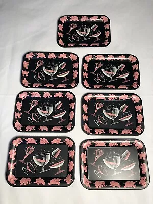 7 Pink Elephant Black Metal Cocktail Tip Trays Vintage 1950s • $60