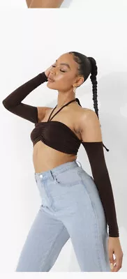 Chocolate Double Layered Ruched Slinky Halter Neck Bralet With Sleeves • £5