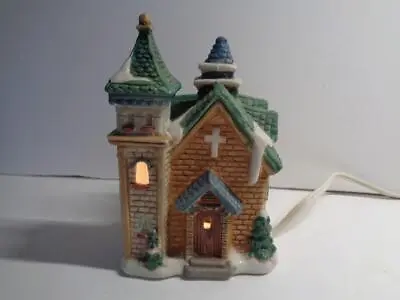 Vtg LR 1991 Porcelain Christmas Village Church W Light Cord & Bulb Green & Tan • $18.24