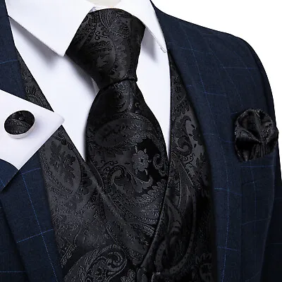 Mens Formal Wedding Waistcoat Paisley Floral Suit Vest Slim Tuxedo Silk Tie Set • $23.32