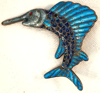 Margot De Taxco Enameled & Sterling Silver Speckled Blue Swordfish Pin / Brooch • $199.99