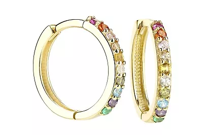 9ct Yellow Gold Rainbow Cubic Zirconia Hoop Huggie Earrings - 15mm Diameter • £95.95