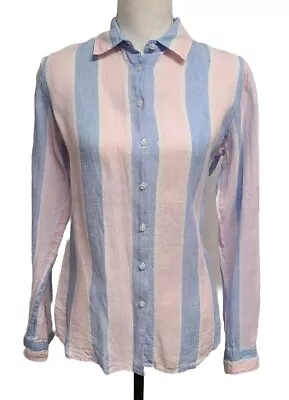Island Company 100% Linen Button Down Long Sleeve Classic Striped Shirt Size S • $34.98