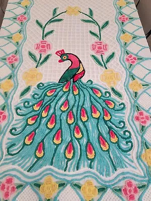 Vintage Peacock Chenille Bedspread 101 X 94  Coverlet Mid Century See Stains • $255