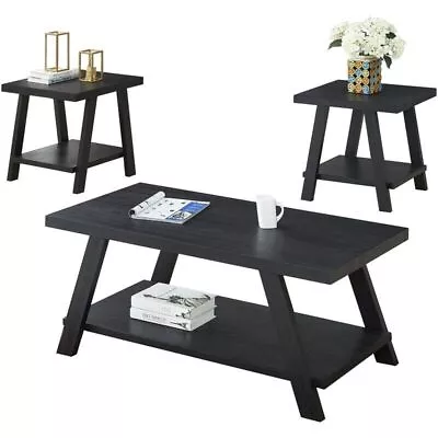 3 Piece Black Wood Shelf Coffee Table With Side Tables For Living Room • $374.98