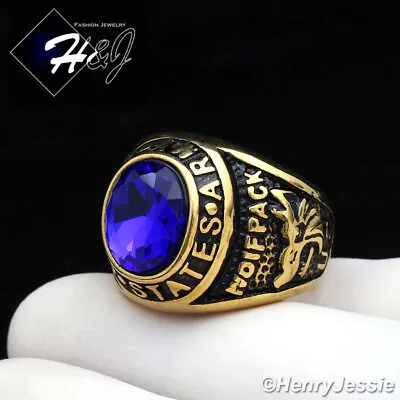 Stainless Steel US Army Military Gold/Black Plated Blue Rhinestone Oval Ring*100 • $15.99