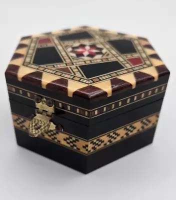 Vintage Hexagon Mosaic Hinged Wood Inlay Jewelry Trinket Box Marquetry Mirror • $17.95