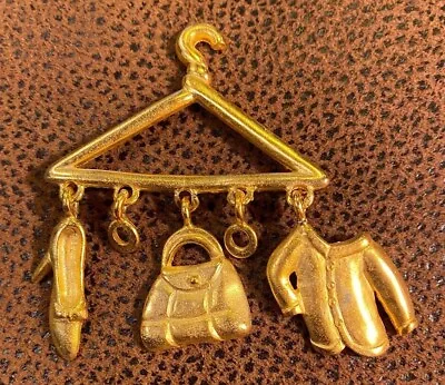 Vintage Clothes Hanger Shoe Shirt Purse Dangling Brooch Pin Gold Tone 2 X2 1/2  • $4.95