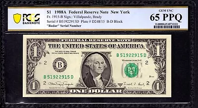 1988 A $1 Federal Reserve Note New York Radar Serial Number Pcgs B Gem 65 Ppq • $59.99