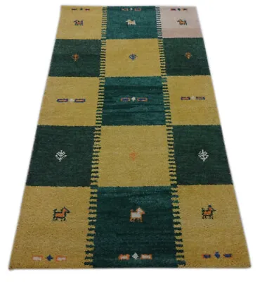 Gabbeh Carpet 90x160 CM Hand Knotted 100% Wool Gold Green M10 • £93.79