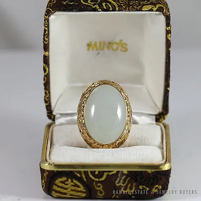Ming's Hawaii Large Pale Green Jade Cabochon 14k Yellow Gold Ring W/ Box • $3100