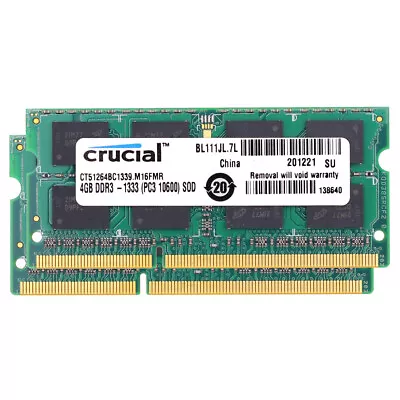Crucial Kit 8GB (2x 4GB) 1333MHz DDR3 SODIMM PC3-10600 204-Pin Notebook Memory • $21.31