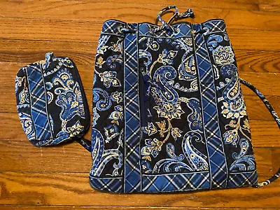 Vera Bradley Blue Paisley Drawstring Backpack Purse Makeup Zipper Bag • $23.70