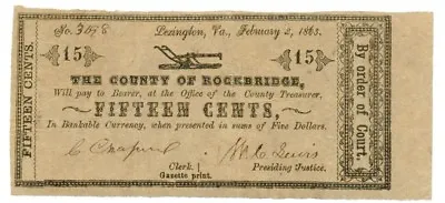 1863 15 Cents County Of Rockbridge VIRGINIA Note - CIVIL WAR Era Banknotes • $189.99