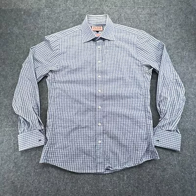 Thomas Pink Shirt Mens 15 Blue Plaid Long Sleeve French Cuff Button Up Slim Fit • $9.53