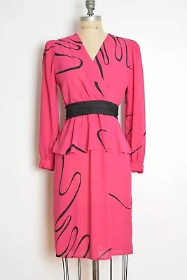 Vintage 80s Dress Magenta Pink Black Swirl Print Secretary Peplum Midi Dress M • $32