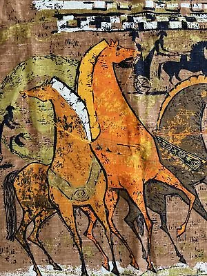 Vtg Etruscan Linen MCM Horses Greek Roman Brutalist Textile 60s Fabric READ • $225