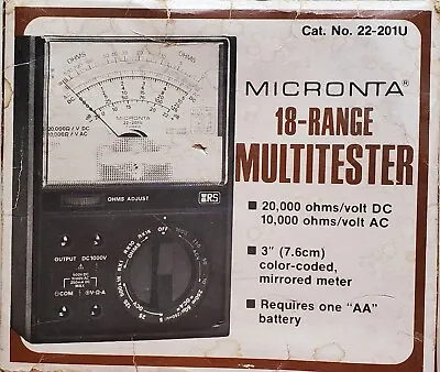 Vintage MICRONTA 18-Range 20k Ohms/ Volt DC MULTITESTER No. 22-201U • $21.49