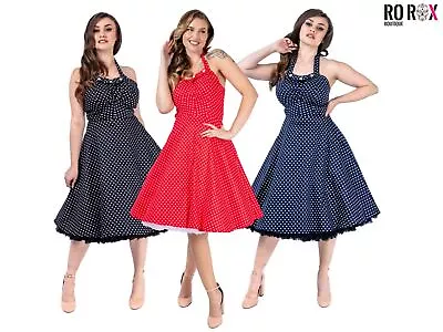 1950's Retro Polka Dot Swing Pin-up Dress - Women's Vintage Midi Halter Dress • £14.99