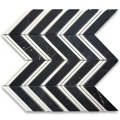 N7B5XH Nero Marquina Black Marble Chevron Mosaic Tile Thassos Lines Honed • $28.99