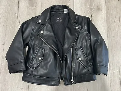 ZARA Girl Black Faux Leather Jacket Sz 3-4 Yo • $15