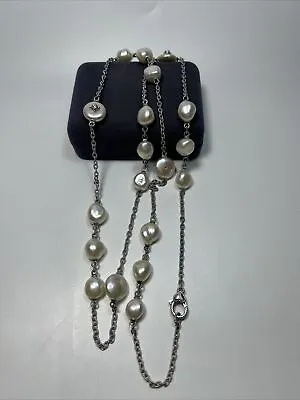 Designer Judith Ripka Sterling Silver Pearl Station CZ Set Necklace (Read) • $125