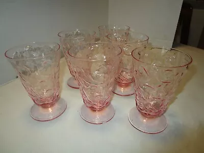 Vtg Morgantown Seneca Crinkle Glass Pink Footed 6-Tumblers Goblets 12 Oz. 5.25”t • $66