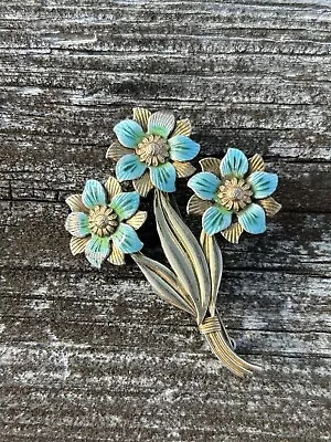 Vintage SYMMETALIC Sterling Silver & 14K Gold 3 Blue Flowers Enamel Pin Brooch • $39.99