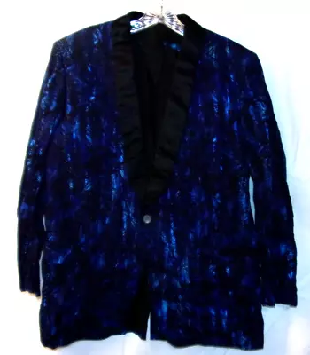 Vtg 60s 70s Tuxedo Jacket Mens 41 Reg Blue Tropical Print 1 Button Good Cond • $75