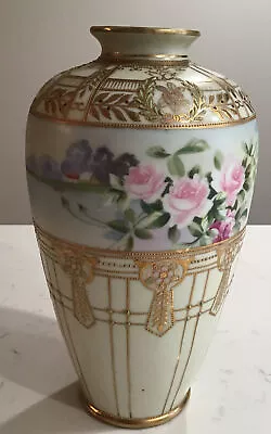 Nippon Moriage Vase Hand Painted Roses Landscape House Scene Gold Accent • $98