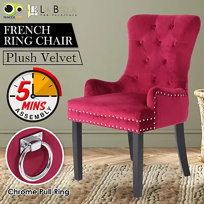 1X Dining Chair French Provincial Ring Studded Velvet Rubberwood BORDEAUX RED • $179