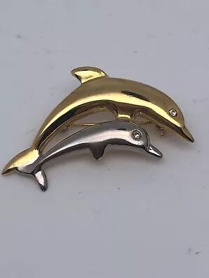 Vintage Dolphin Mother & Pup/Baby Silver & Gold Tone Brooch Pin Signed Mi 1.25” • $6