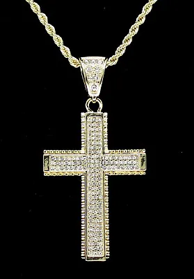 Cross Pendant 14k Gold Plated Cz 24  Rope Chain Hip Hop Necklace • $14.97