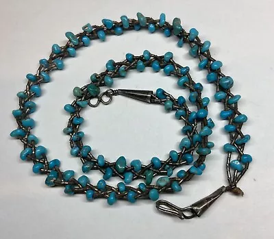 Vintage Turquoise Beaded Necklace Sterling Silver Clasp Silver Tone Spacers • $15