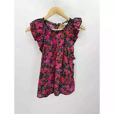 Mine Top Women LARGE NWT Black Pink Floral Print Woven Flutter Sleeve Lace Trim • $20