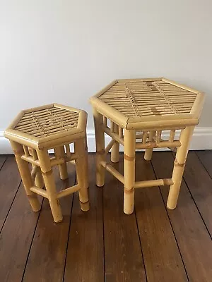 Pair Of Vintage Bamboo Rattan Wicker Cane Small Table Plant Stand H35cm & H39cm • £50