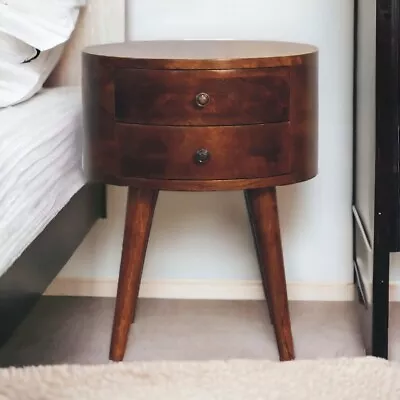 Round Mid Century Modern Nightstand 2 Drawer Bedroom Table Chestnut Mango Wood • $199.99